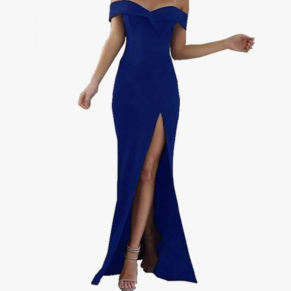 Women's Off-the-Shoulder Solid Short-Sleeve Long Gown Dress, Blue, Medium